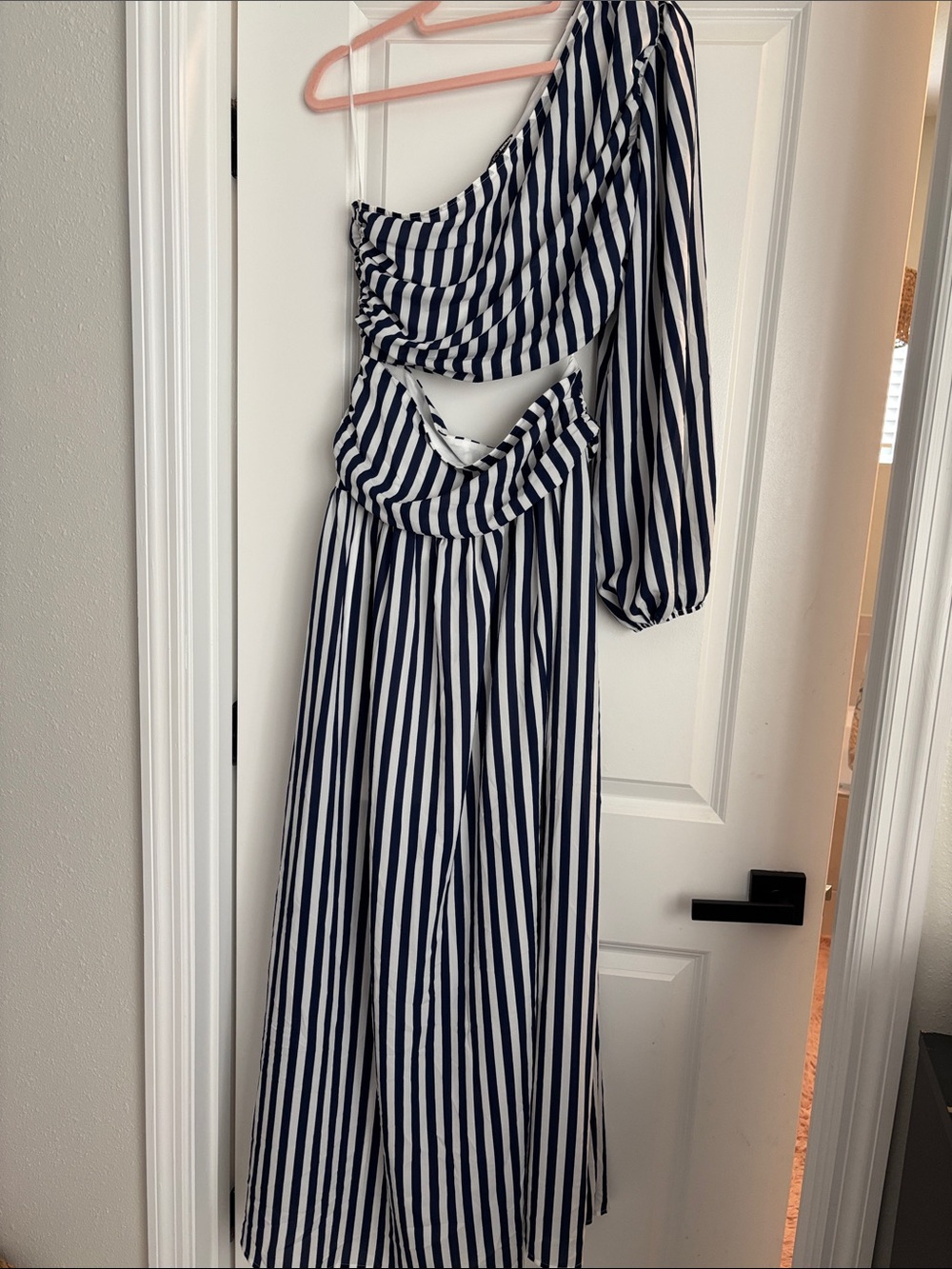 Navy & White Striped One-Shoulder Cutout Dress
